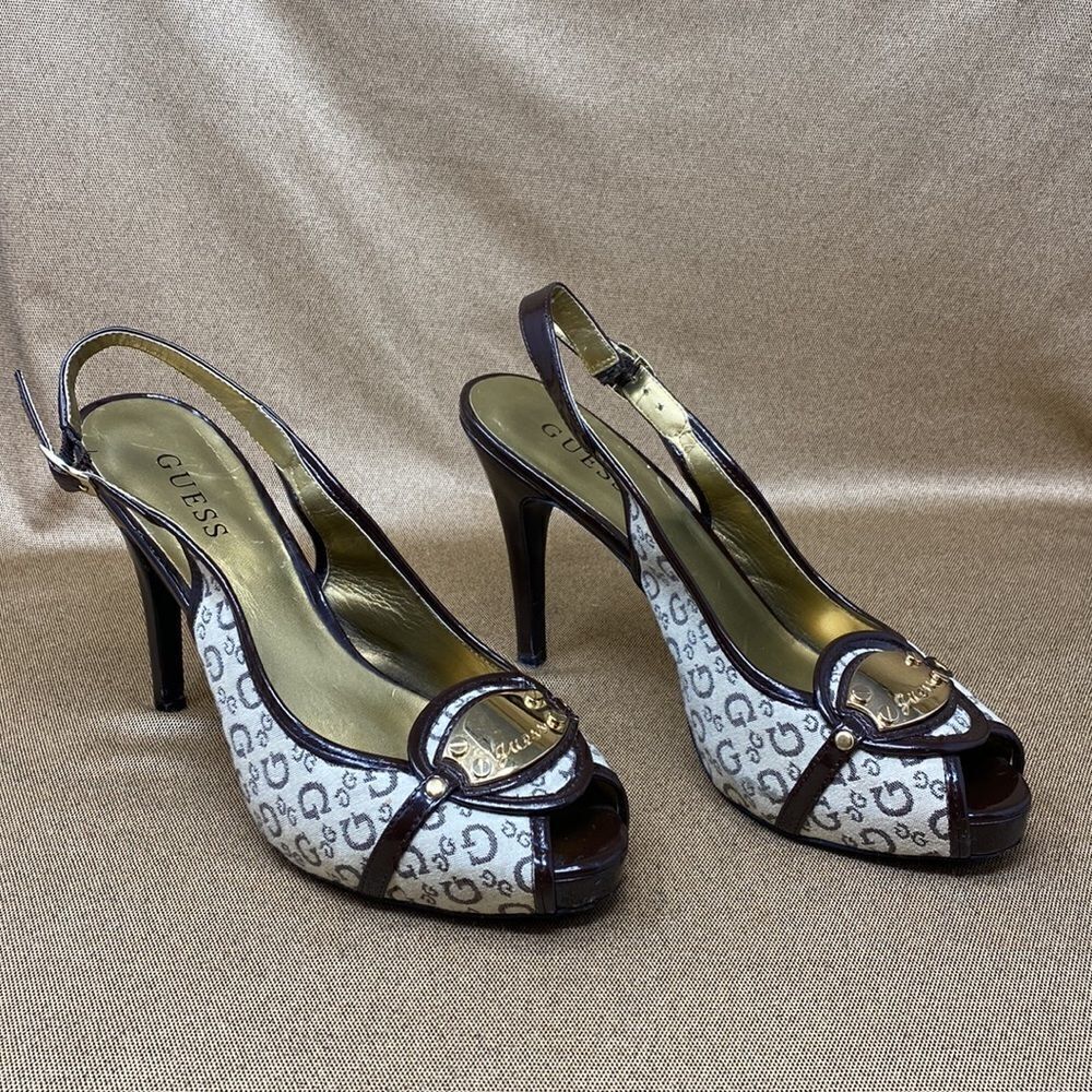 Guess Monogram Peep Toe Platform Slingback Heels - Picture 2 of 13